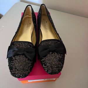 kate spade black and antique gold sequin bow loafers
